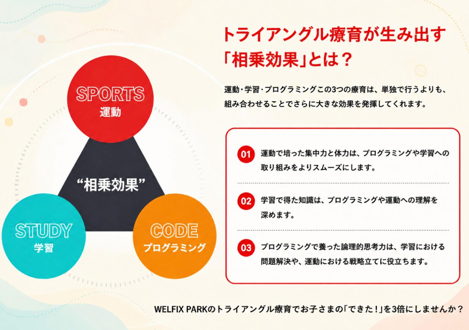 運動×学習×プログラミングでトライアングル療育｜仙台市泉区(加茂・泉中央・八乙女)の児童発達支援・放課後等デイサービス
